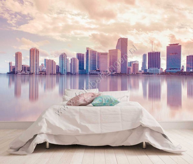 koppeling textuur Terug kijken Vlies fotobehang Skyline Miami in pastel | Fotobehangen.nl